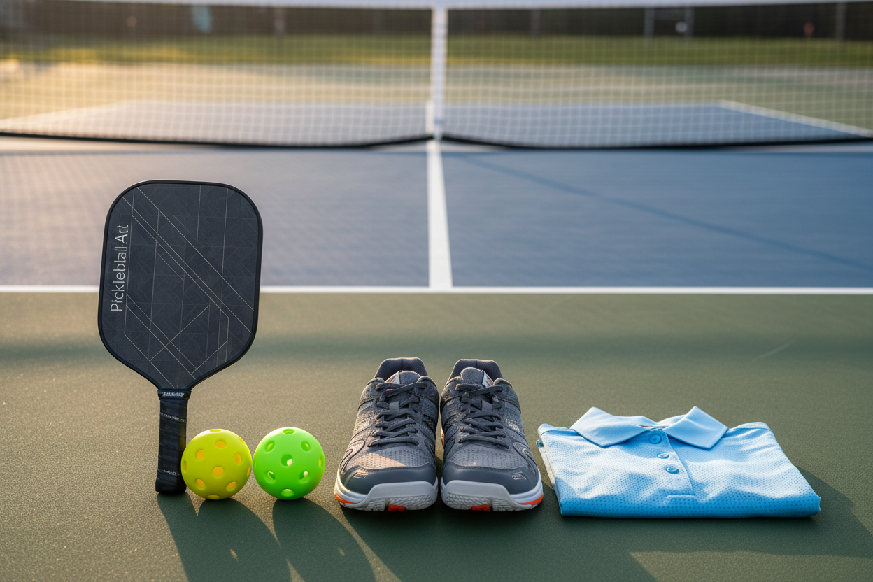 A complete set of men's pickleball gear, featuring a paddle, two balls, court shoes, and a polo shirt, laid out on an outdoor court.