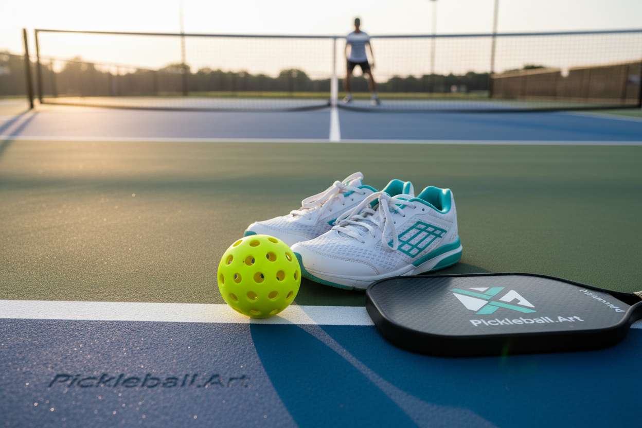 A pair of women's pickleball shoes, a paddle, and a yellow ball sit on an outdoor court, showcasing essential gear for a game at sunset.