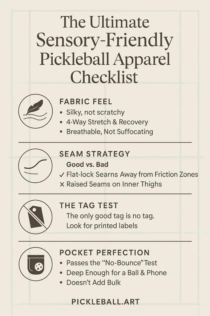 Apparel checklist covers fabric feel, flat seams, tags and usable pockets.