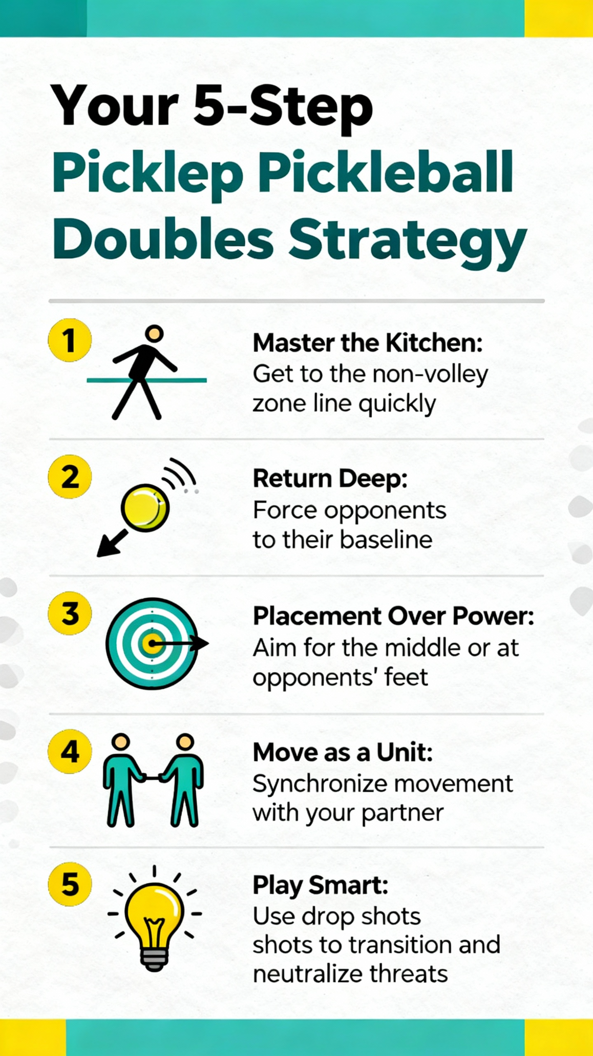 An infographic outlining a 5-step pickleball doubles strategy, with winning tips on kitchen control, deep returns, and smart shot placement.