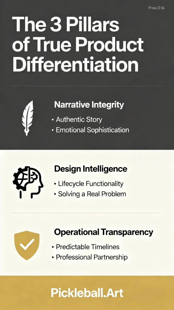 An editorial diagram groups product differentiation into narrative, design and operational transparency.
