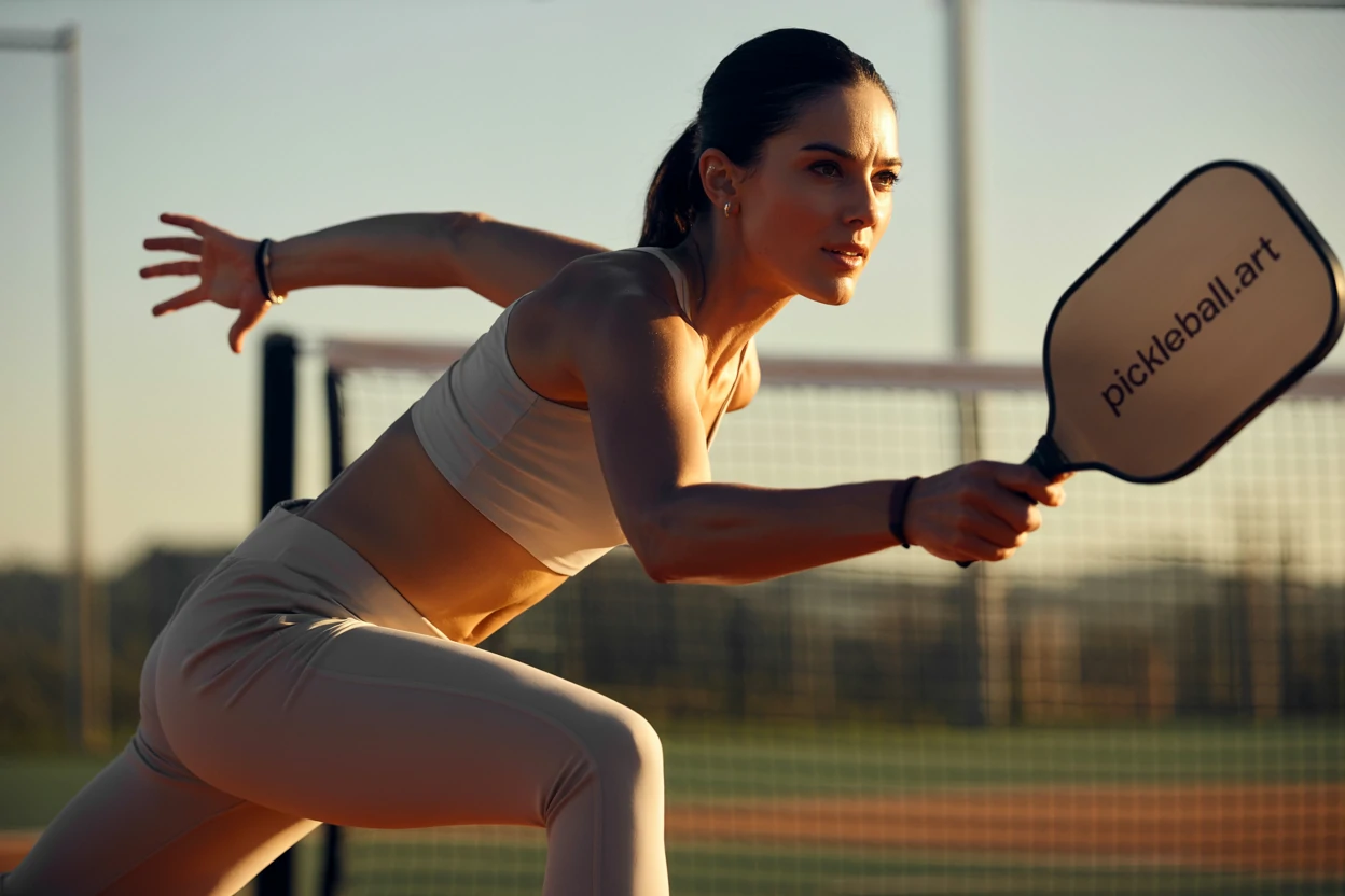 A player reaches forward with a paddle while wearing neutral sportswear.