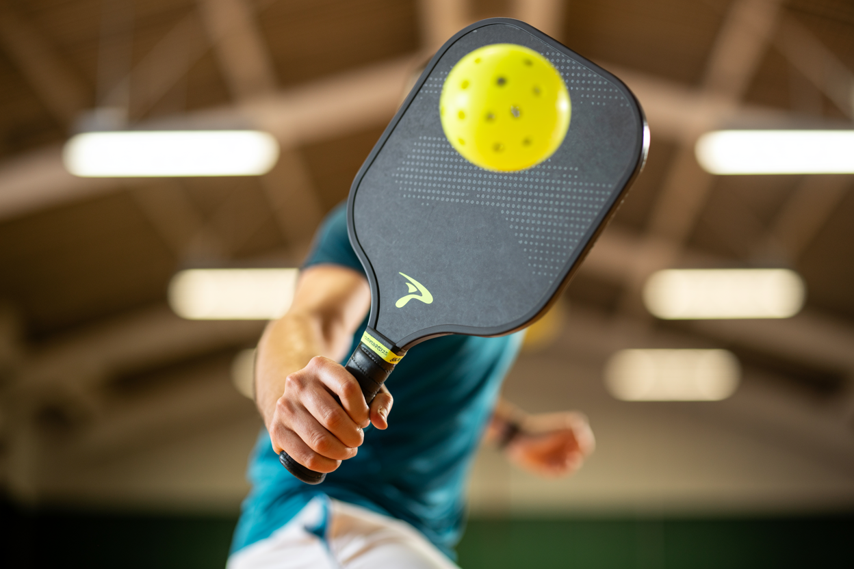 A pickleball player executing a powerful forehand drive, demonstrating proper shot technique for adding power to the ball on an indoor court.