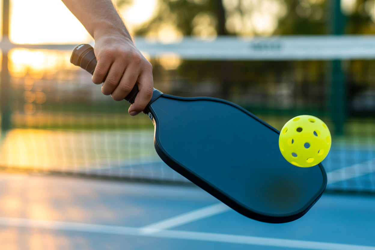 A close-up of a hand hitting a yellow pickleball with a paddle during a golden sunset.