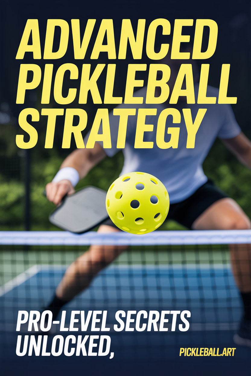 Feature image for a guide on advanced pickleball strategy, showing a player at the net with text promising pro-level secrets and winning tactics. 