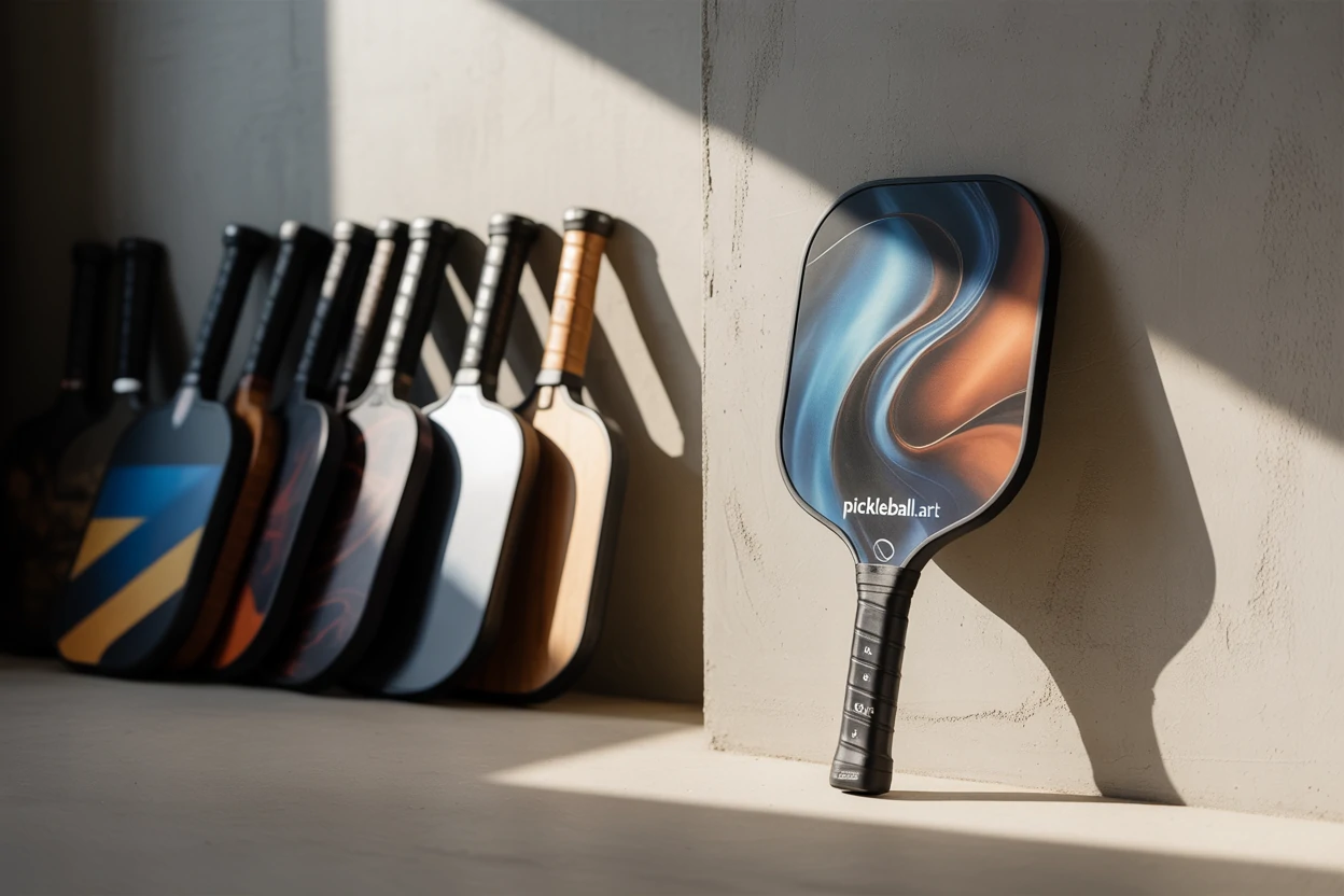 An artistic paddle stands in front of a row of differently colored paddles.