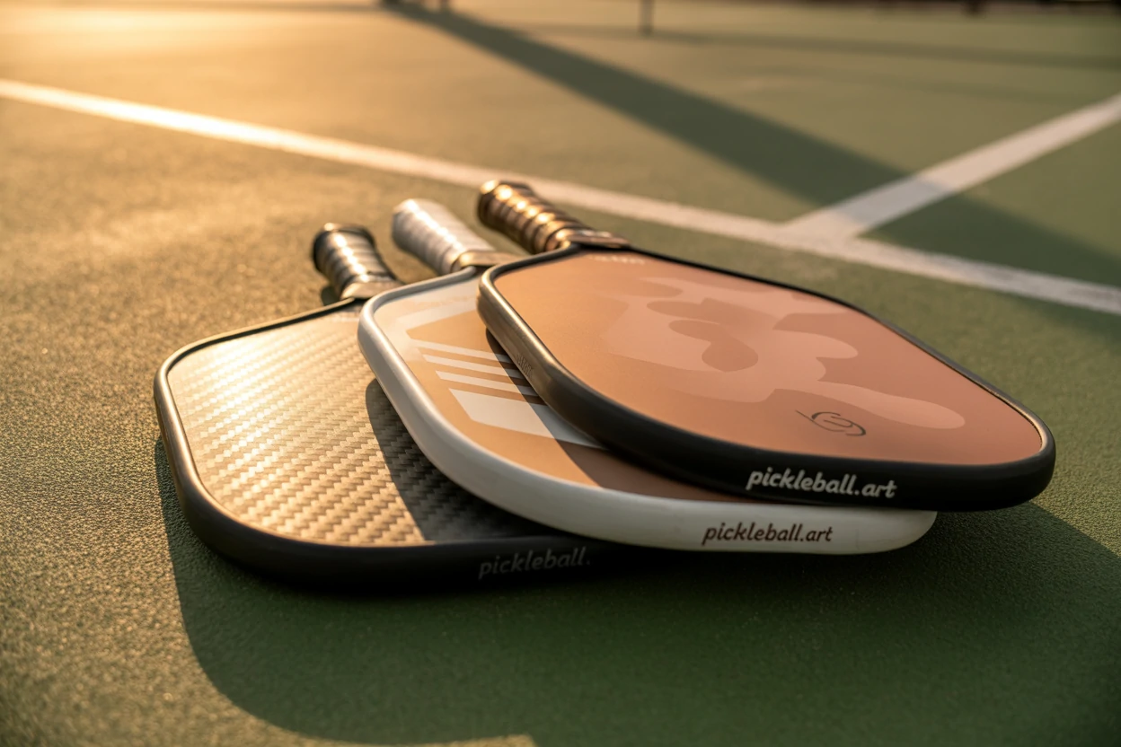 Three paddles lie overlapping on a sunlit court.