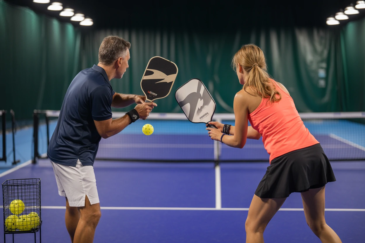 Two players practice with paddles and a ball on an indoor court.