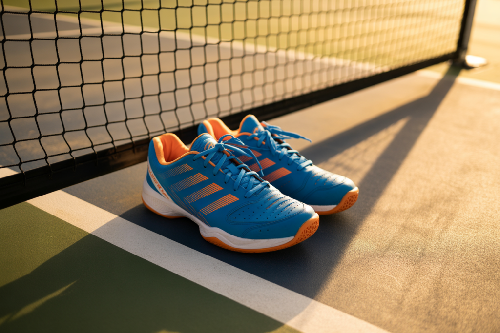 A pair of men's blue and orange pickleball shoes designed for durable on-court traction, resting next to the net during sunset.