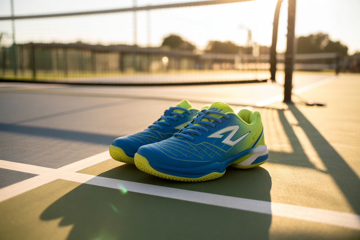 A pair of blue and neon green pickleball shoes offering supportive footwear, resting on the white line of an outdoor court at sunset. 