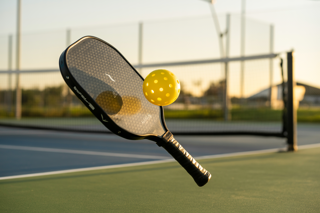 A yellow ball is illustrated near the face of a paddle above an outdoor court.
