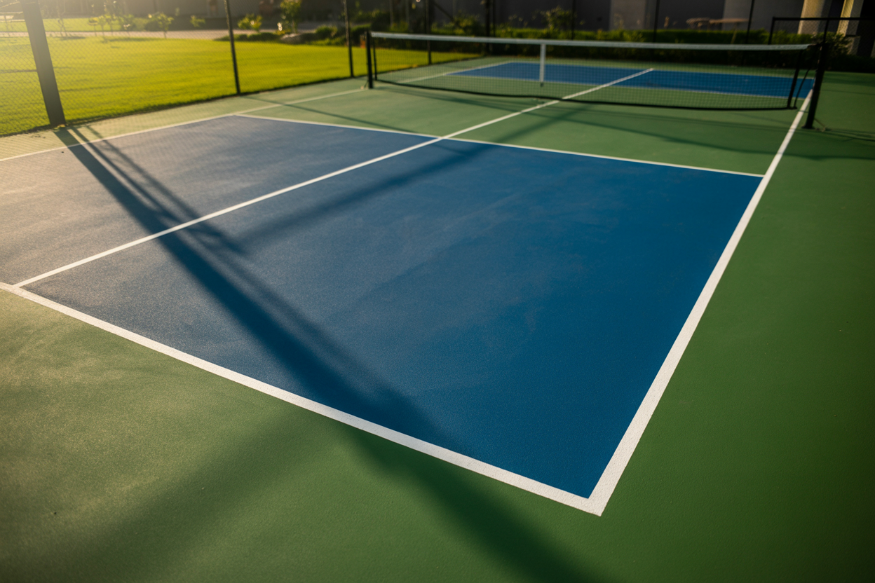 An empty outdoor pickleball court showing the official court dimensions with blue and green surfaces, highlighting the non-volley zone in the golden hour light. 