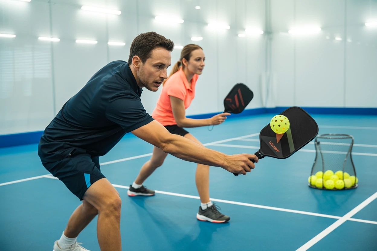 Two players practice a short shot on an indoor court.