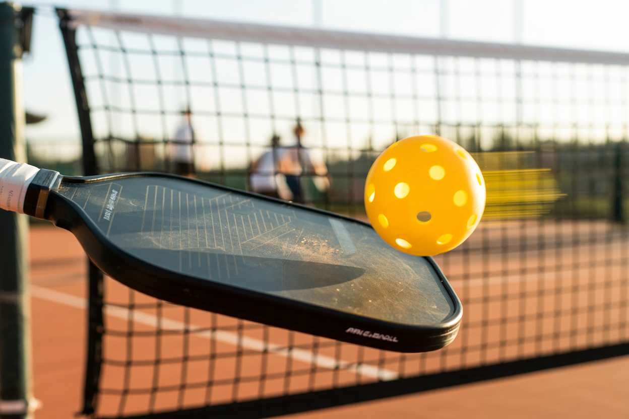 A player's point-of-view shot of a pickleball serve, showing the paddle about to strike the yellow ball during an outdoor pickleball game. 
