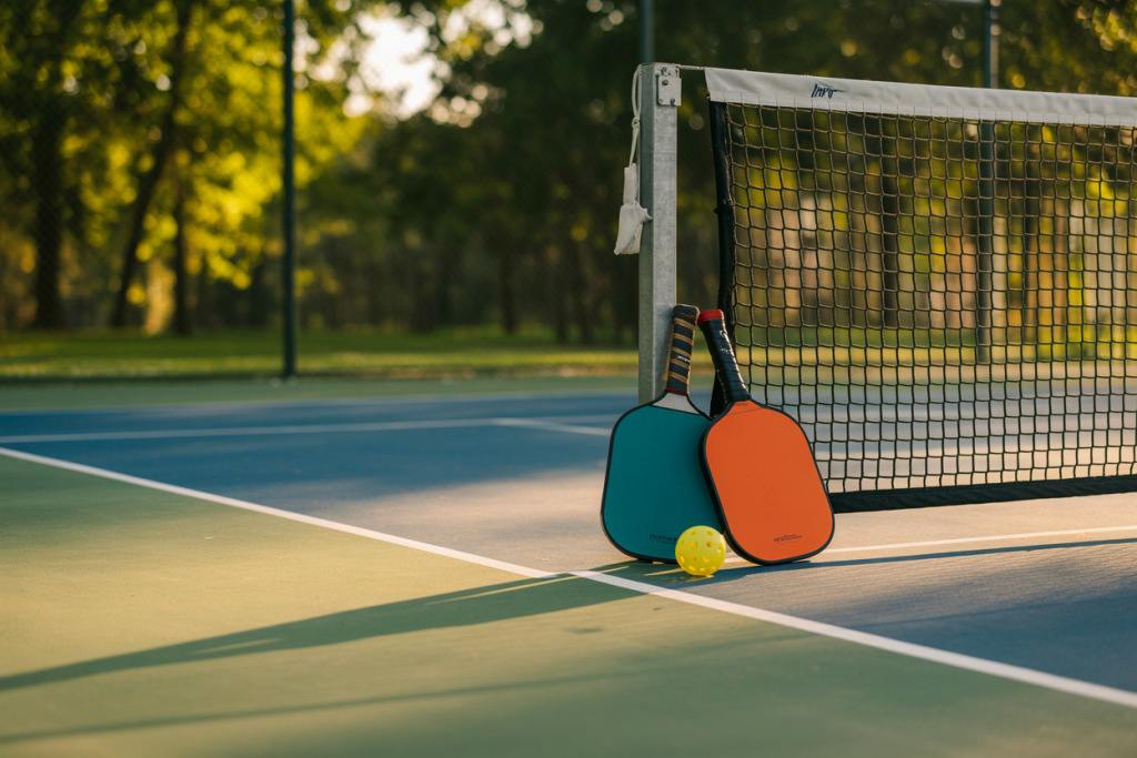 An orange and a teal pickleball paddle and a yellow ball resting on the pickleball court next to the net post, illustrating the basic setup of the game.