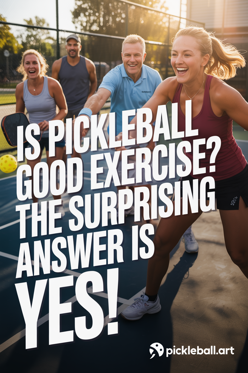 An infographic showing happy adults playing pickleball with text that answers the question "Is pickleball good exercise?" with a definitive "YES!". 