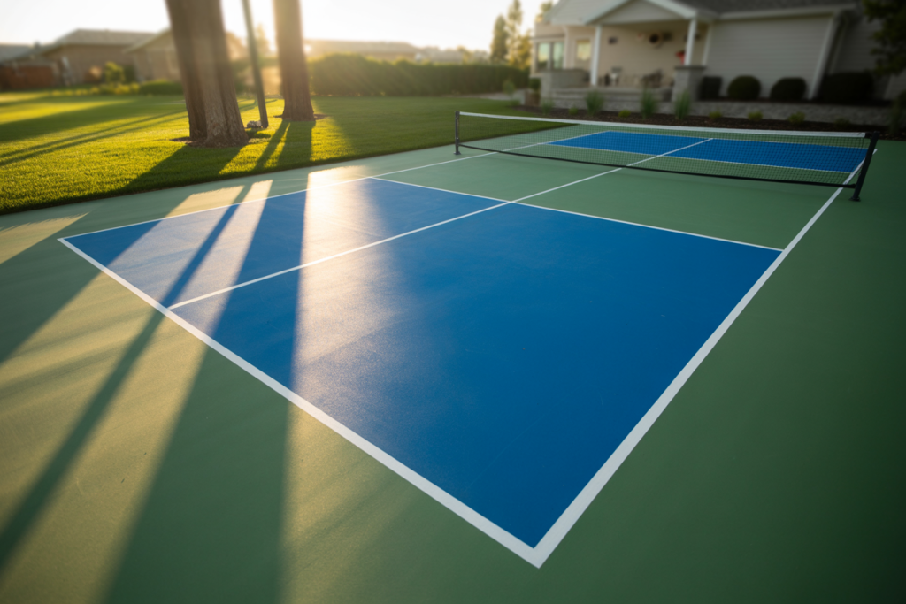 A beautifully finished backyard pickleball court in a residential setting at sunset, showcasing an ideal setup for playing at home. 
