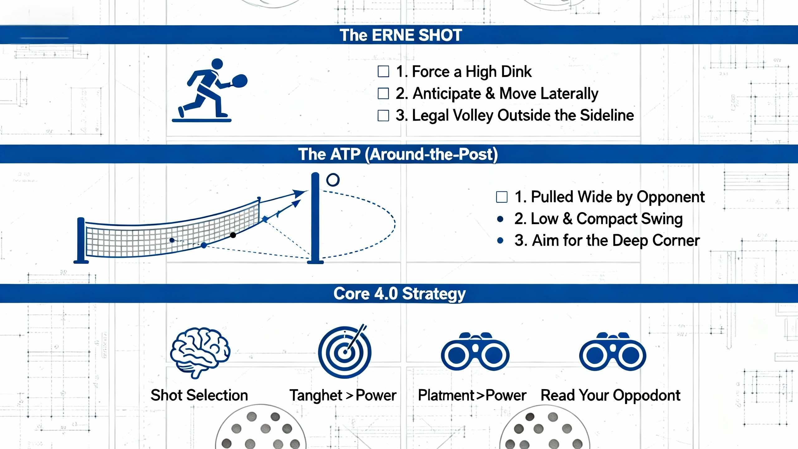 Infographic detailing advanced pickleball strategy for 4.0 players, with tips on the Erne shot, the ATP shot, and core tactics like shot selection. 