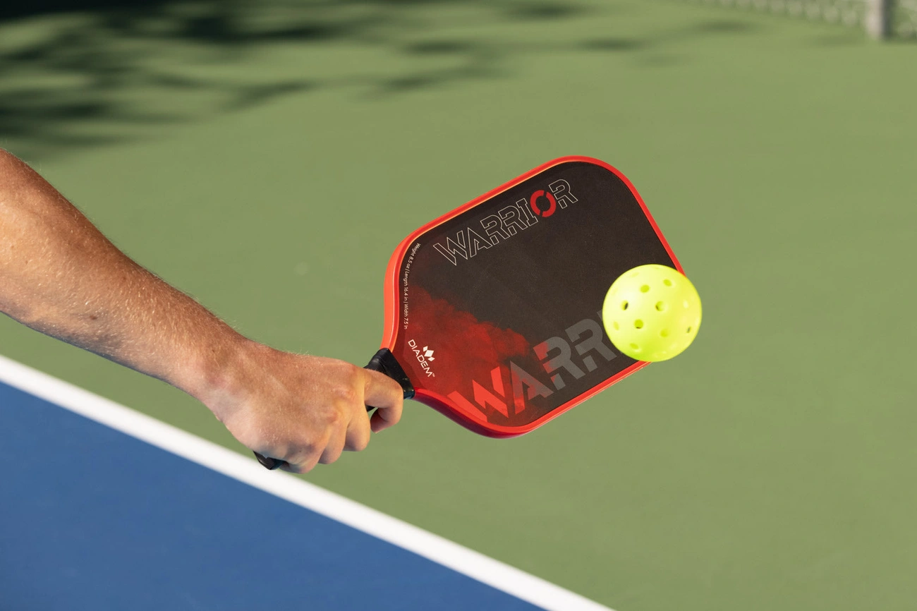 A player holds a red paddle near a yellow ball above a court.