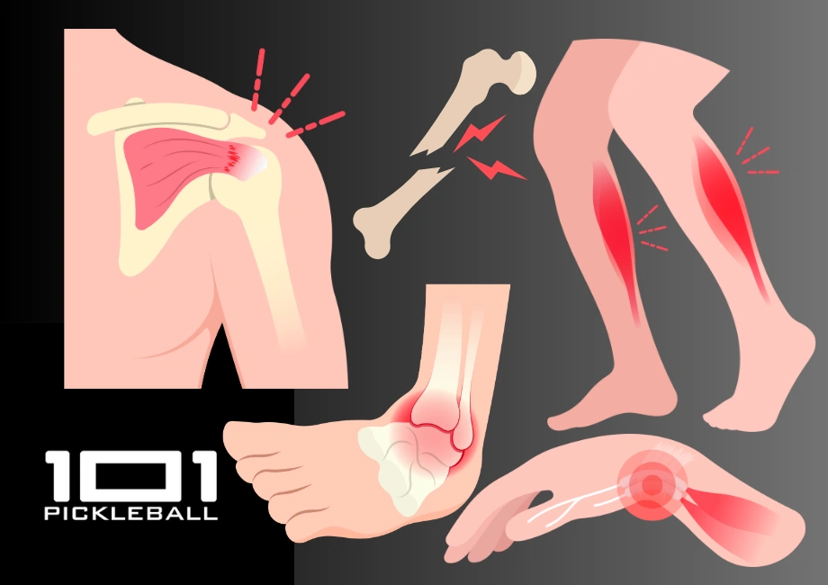 An infographic illustrating common pickleball injuries, including shoulder strains, ankle sprains, and wrist pain, to emphasize the need for injury prevention.