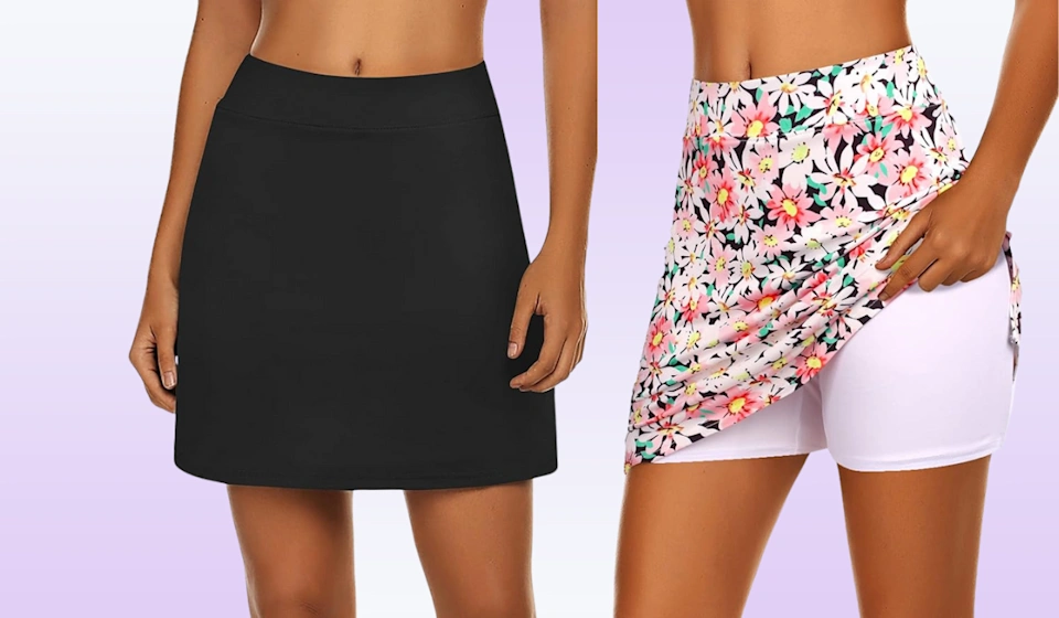 Plain black and floral skorts appear side by side with built-in shorts visible.