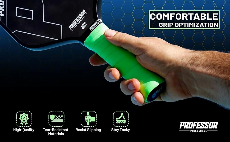 A player holds a paddle fitted with a green overgrip.