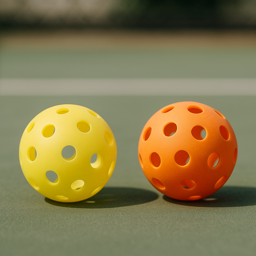 A yellow and an orange perforated ball sit side by side on a court.