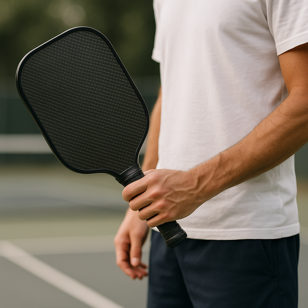 A player holding a carbon fiber pickleball paddle on a court with a blurred background.