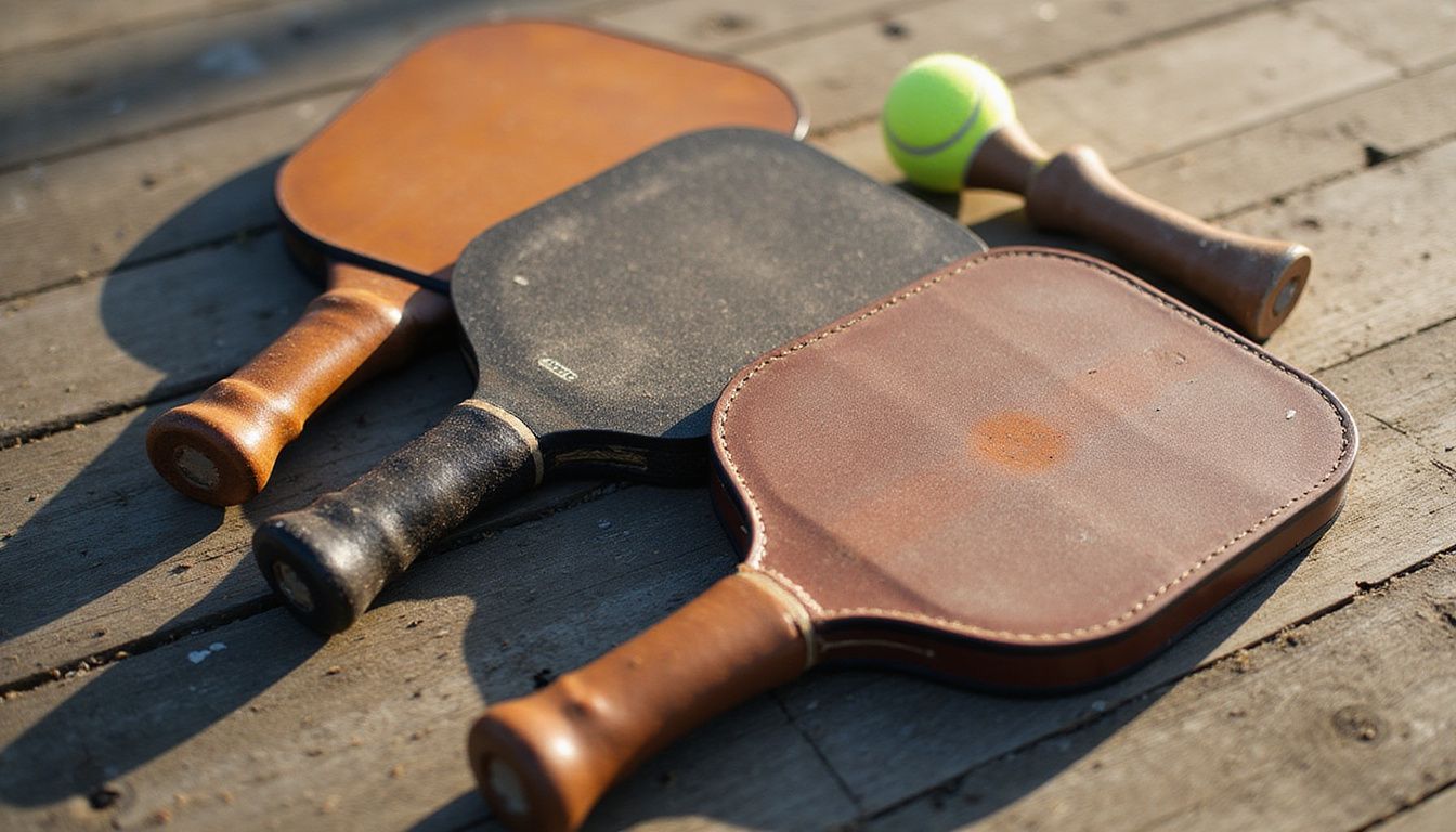 A collection of original wooden pickleball paddles from the sport's early history, resting on an old wooden deck in the sun.