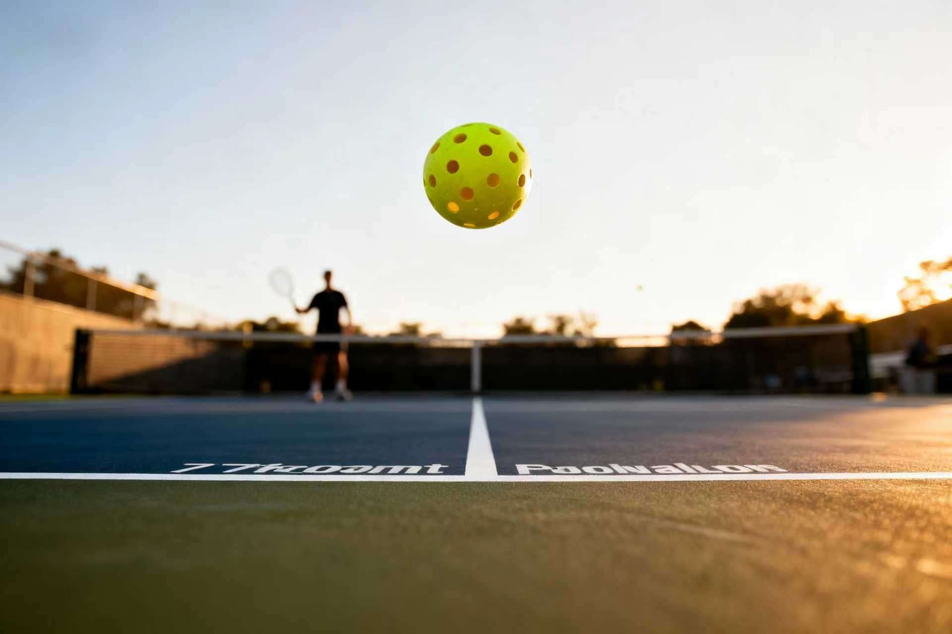 A yellow pickleball in mid-air during gameplay on an outdoor pickleball court, illustrating the basic rules of how to play pickleball. 