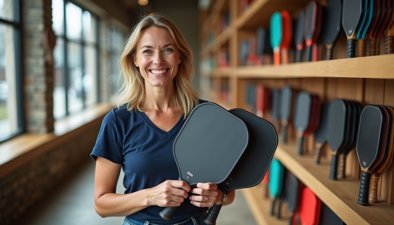A smiling woman in a pickleball pro shop holding two black paddles, making her selection from the wide variety of equipment on the shelves.