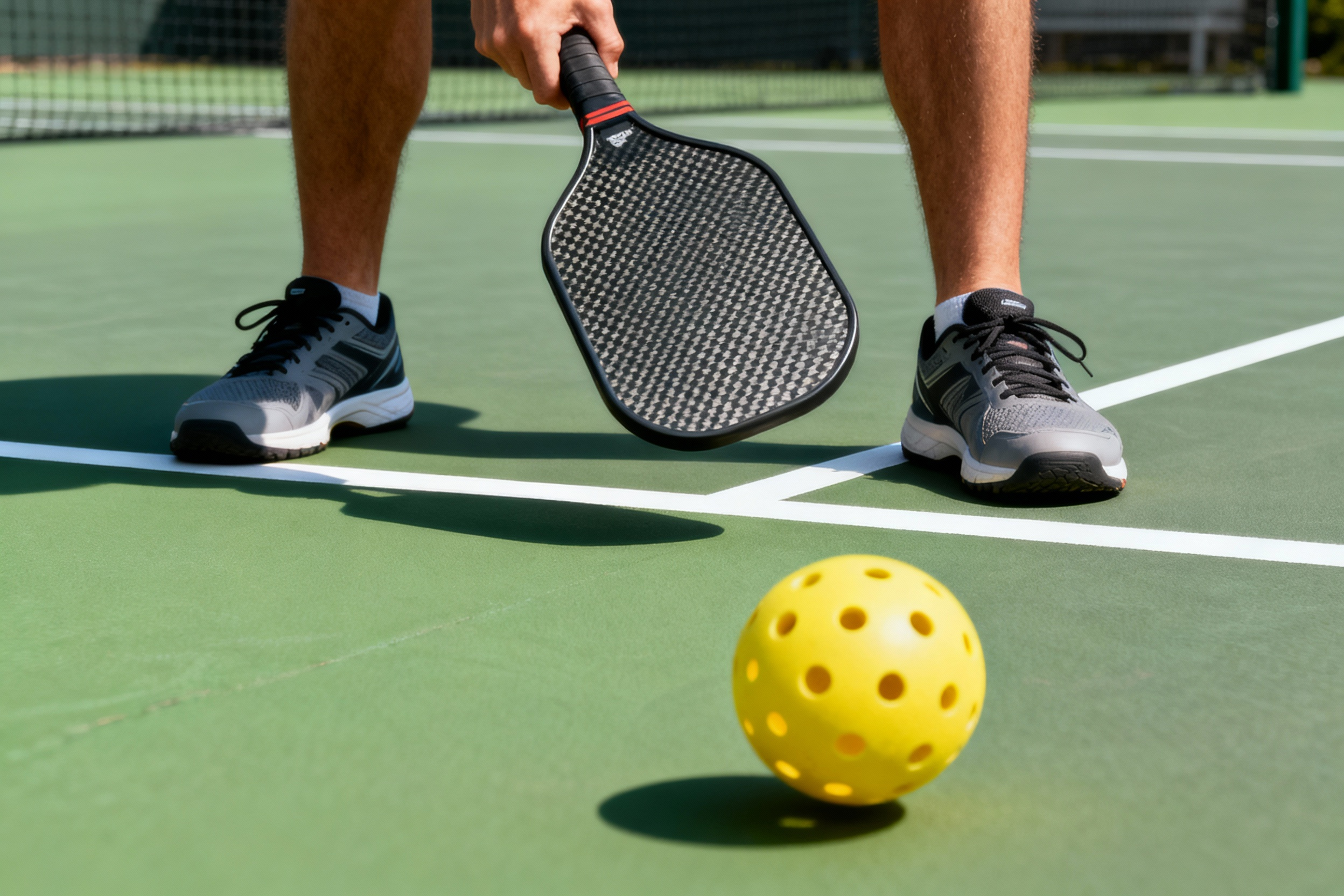 Essential gear for pickleball beginners, showing a player's court shoes and paddle next to a yellow ball on the green court. 