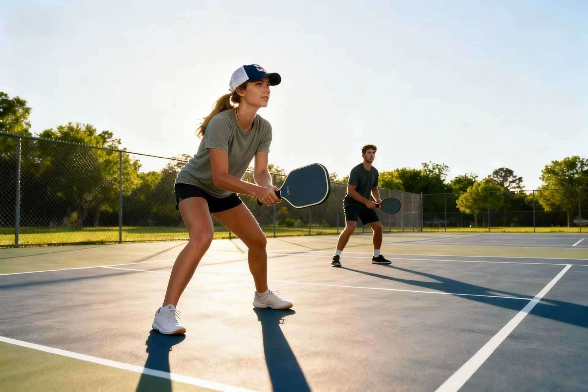 A female and male player demonstrate a proper ready position as part of a pickleball doubles strategy on an outdoor court. 