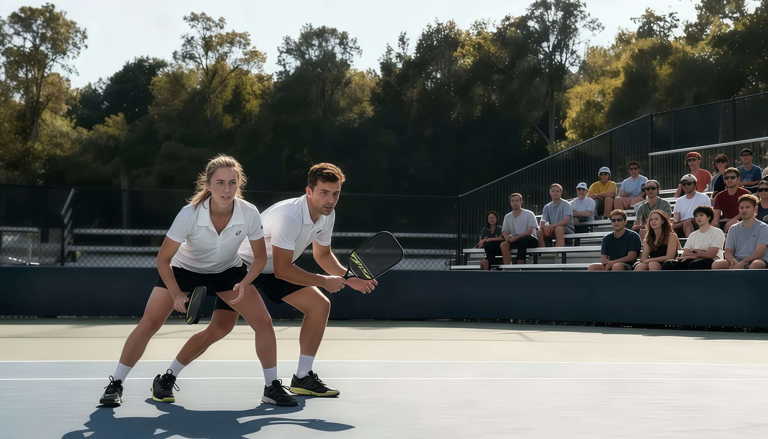 Focused mixed doubles players in a low ready position, demonstrating proper court positioning and teamwork during a competitive pickleball match.