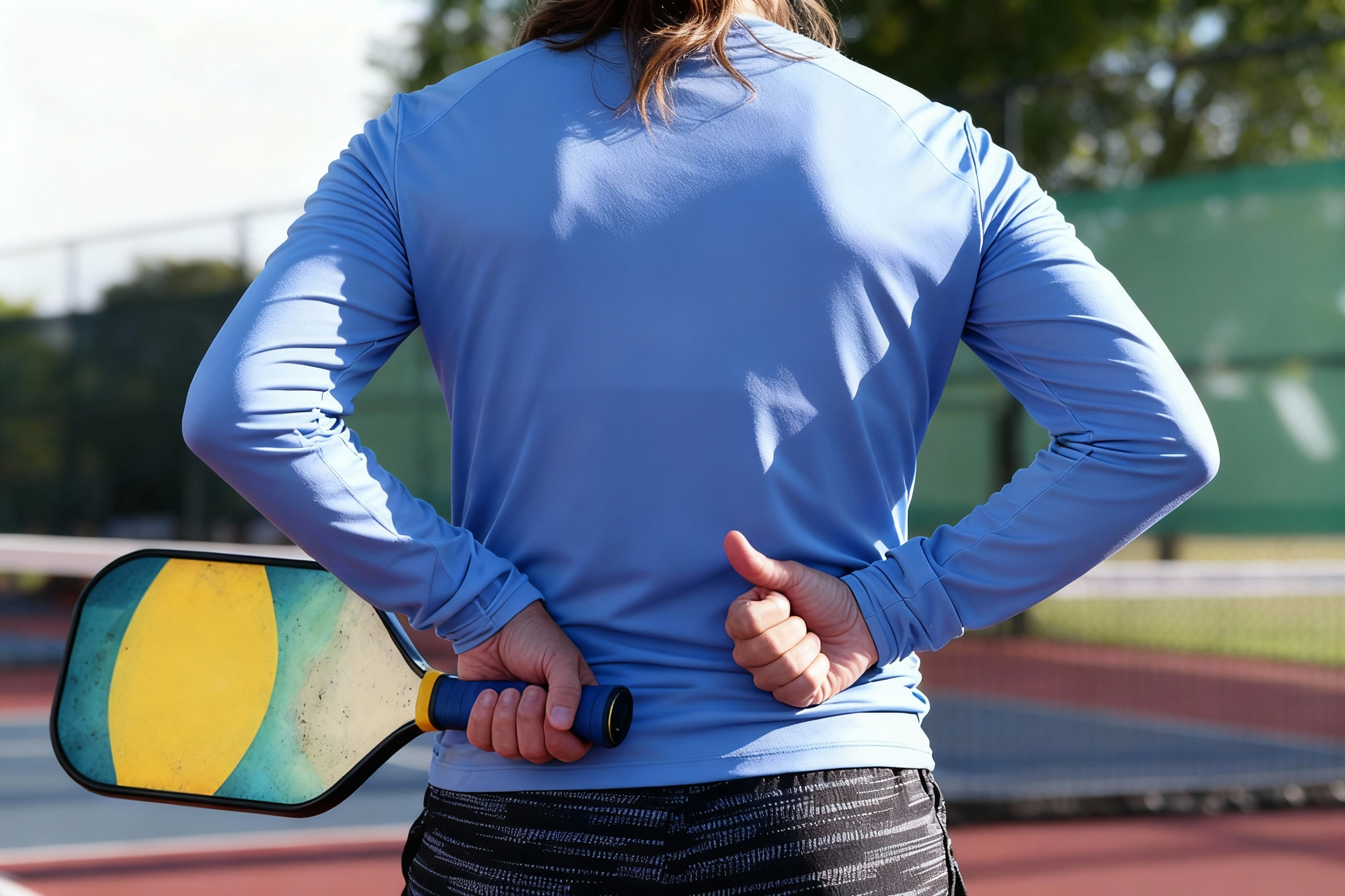 A pickleball player seen from behind demonstrates good sportsmanship with a thumbs-up signal on the court while holding a paddle. 