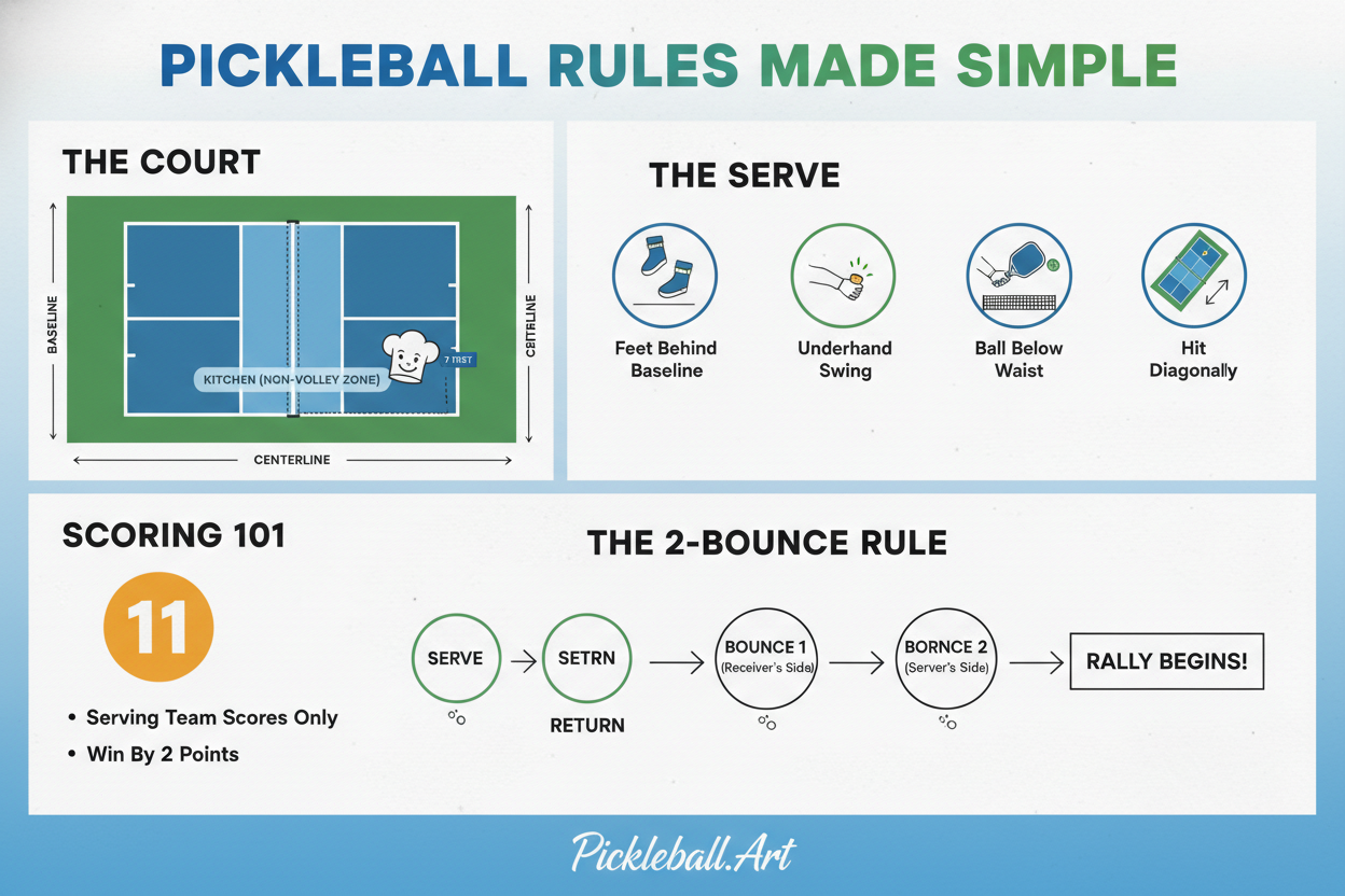 An infographic explaining the basic pickleball rules, covering the court layout, legal serving technique, scoring 101, and the important two-bounce rule.