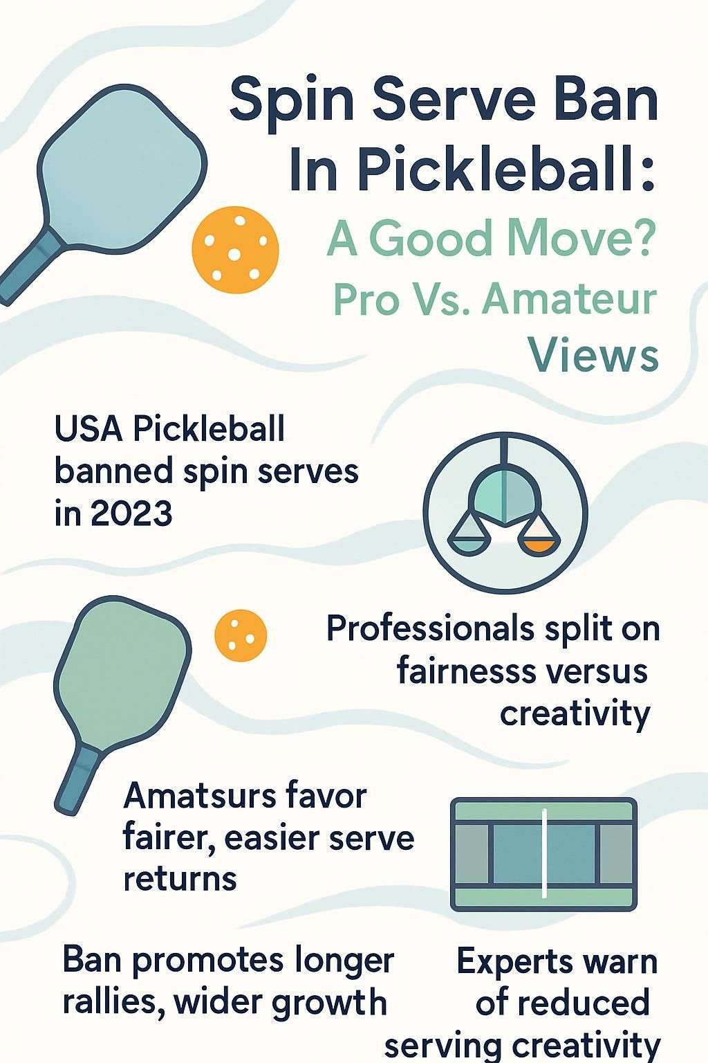 Infographic explaining the 2023 USA Pickleball spin serve ban, detailing the pros and cons and the different views of pro vs amateur players. 