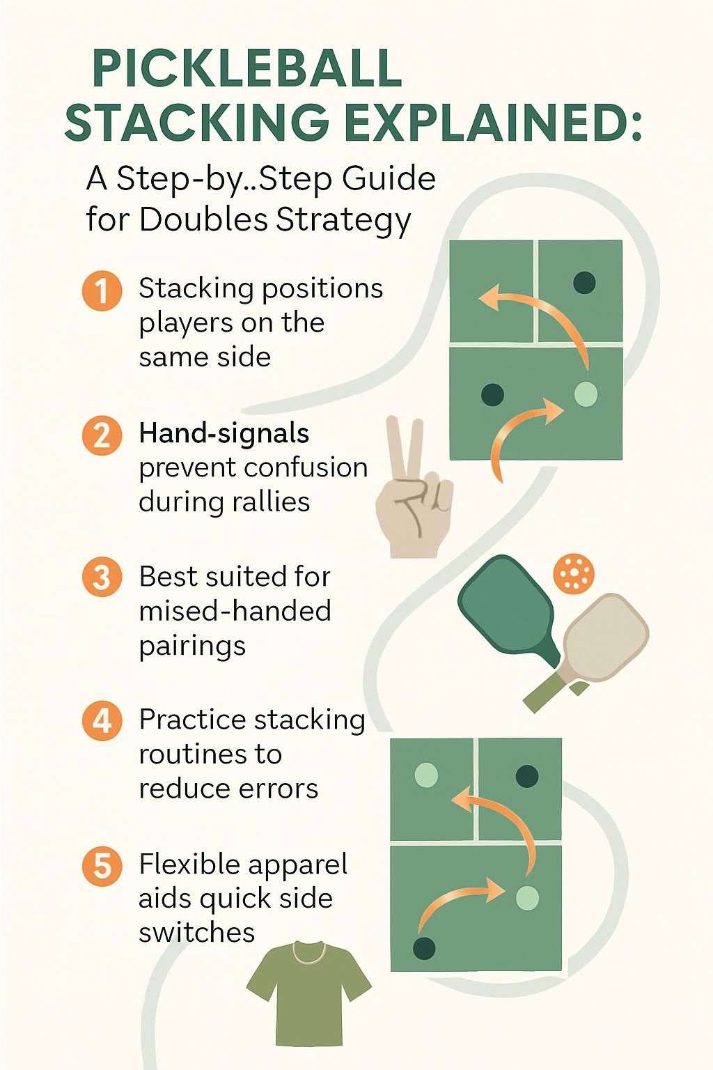 Infographic explaining the pickleball stacking strategy, a step-by-step guide for doubles court positioning, hand signals, and practice.