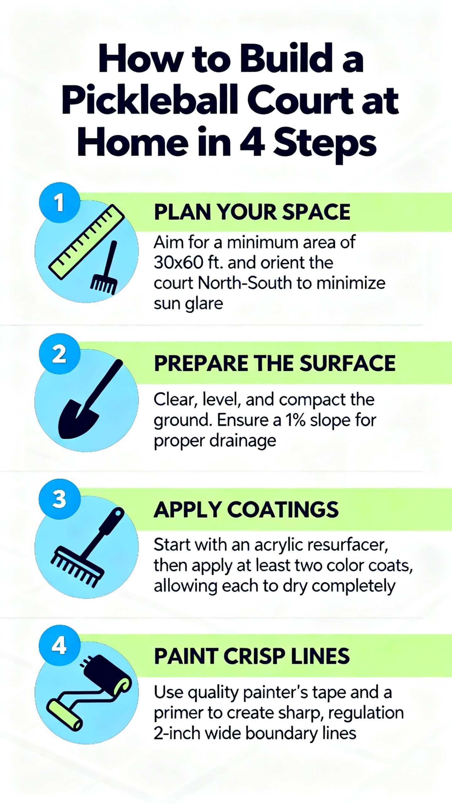 An infographic detailing how to build a pickleball court at home in 4 easy steps: plan your space, prepare the surface, apply coatings, and paint crisp lines. 
