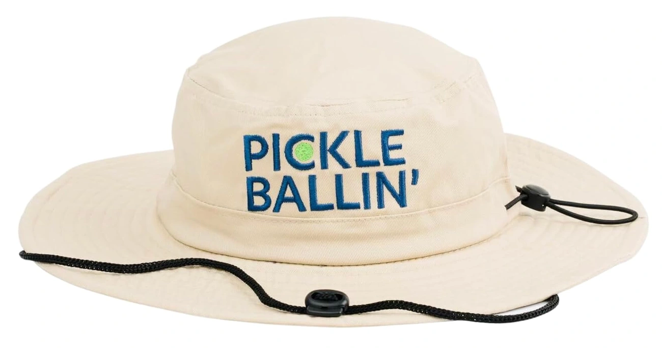 Beige wide-brim sun hat with 'PICKLE BALLIN'' embroidered in blue and a green pickleball graphic on the front