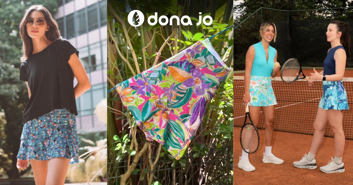 An apparel collage shows printed skirts and players wearing colorful court outfits.