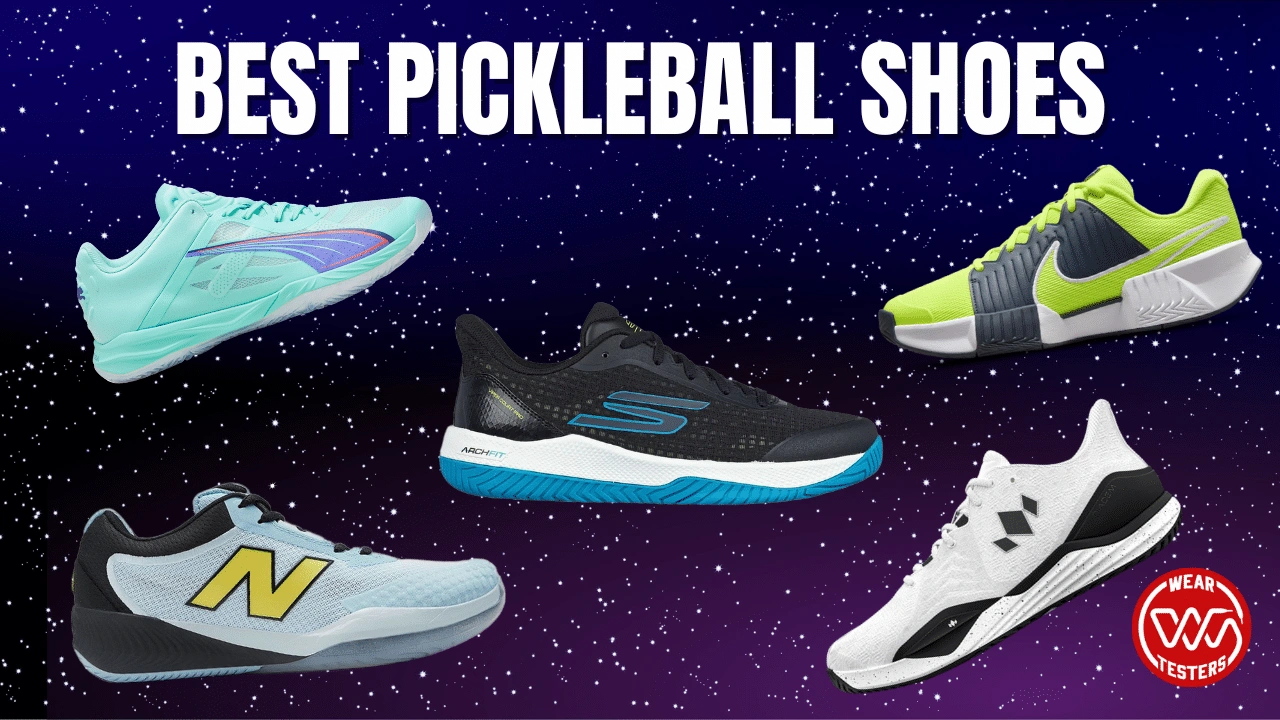 A pair of high-performance pickleball shoes on a court.