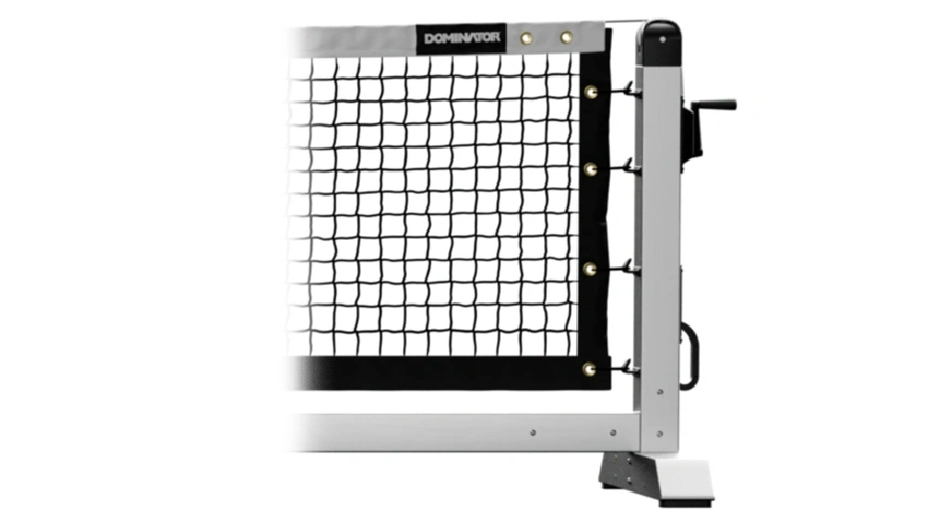 The Dominator portable pickleball net system, showing the end post, tension crank, and net, isolated on a white background.