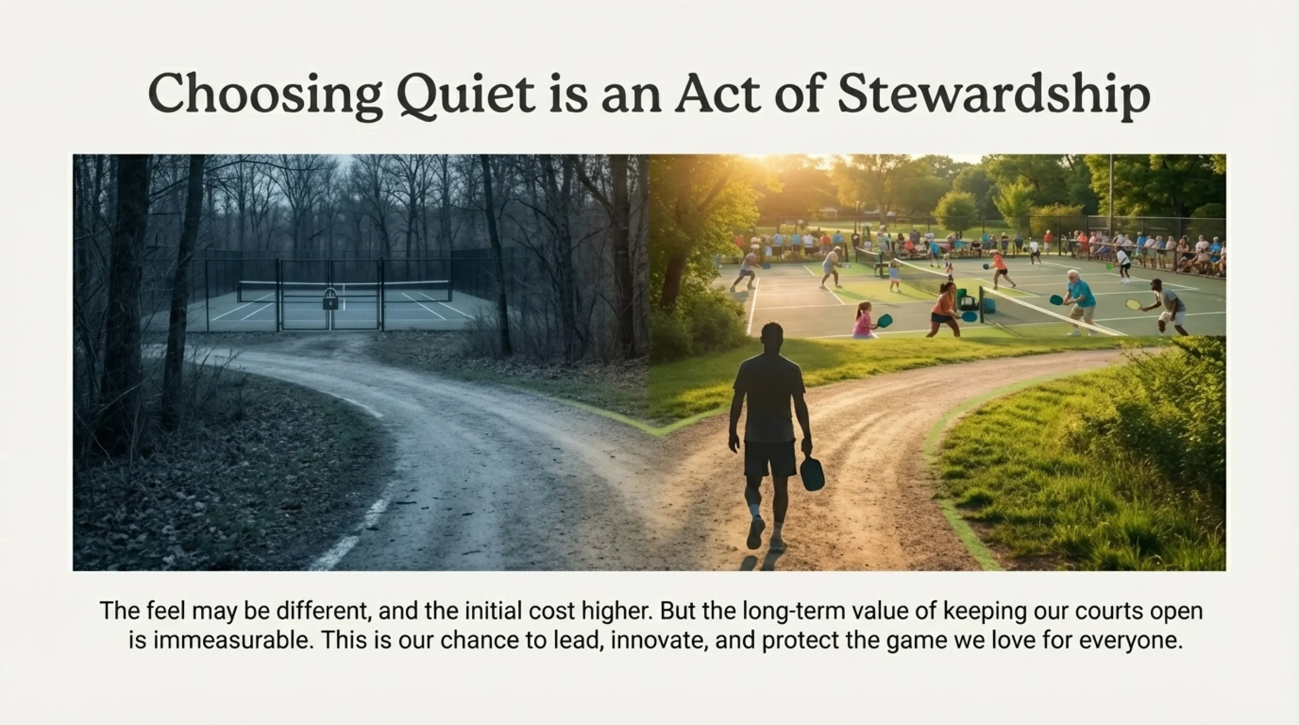 Visual metaphor of a fork in the road representing the choice to adopt quiet paddle technology to save community courts.