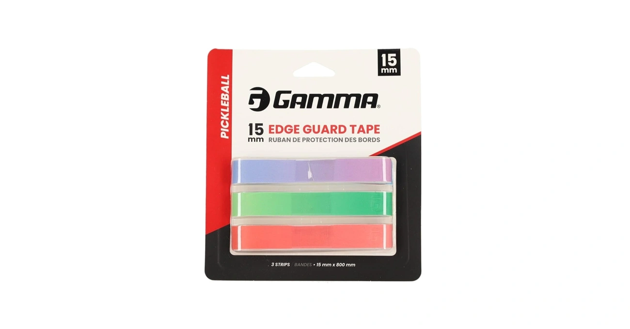 A retail package of Gamma 15mm pickleball edge guard tape, showing three replacement strips in purple, green, and red, isolated on a white background.