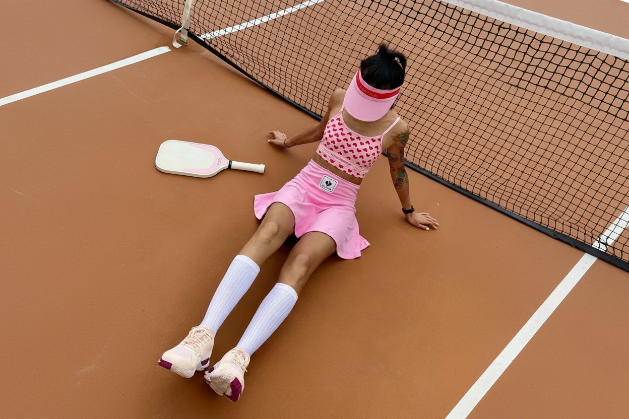 Close-up on the breathable, high-tech fabric of a pickleball skirt.