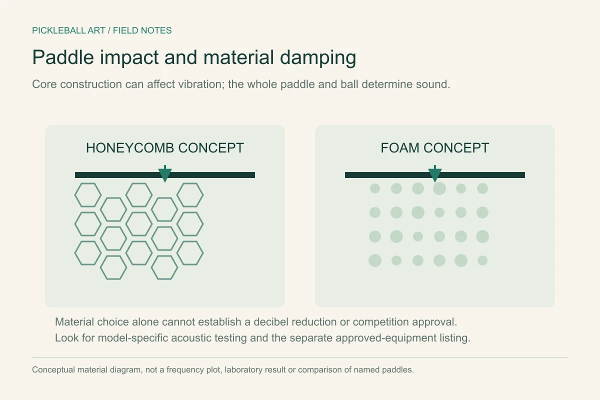 Conceptual paddle cross-sections illustrate impact vibration and damping through core and face materials.