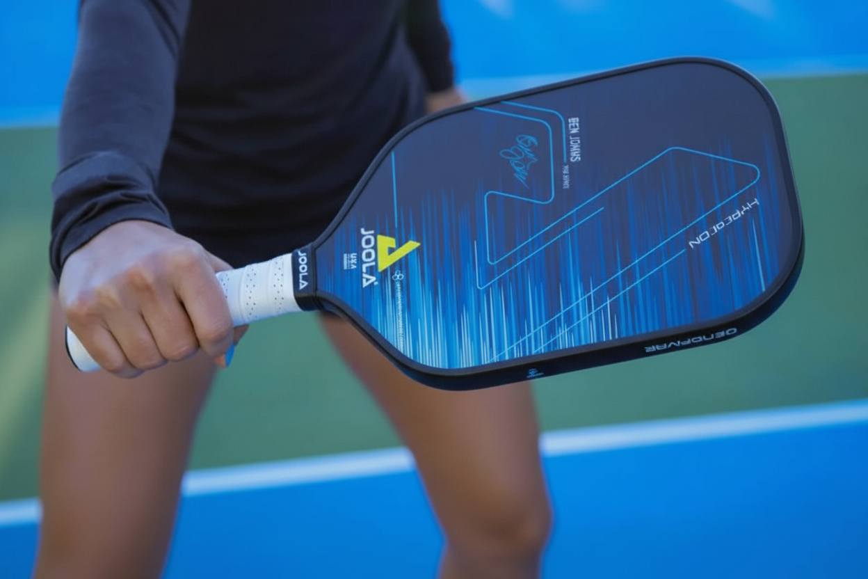A player firmly holds the grip of a JOOLA Ben Johns Hyperion carbon fiber paddle, reviewed as a top piece of pickleball equipment.