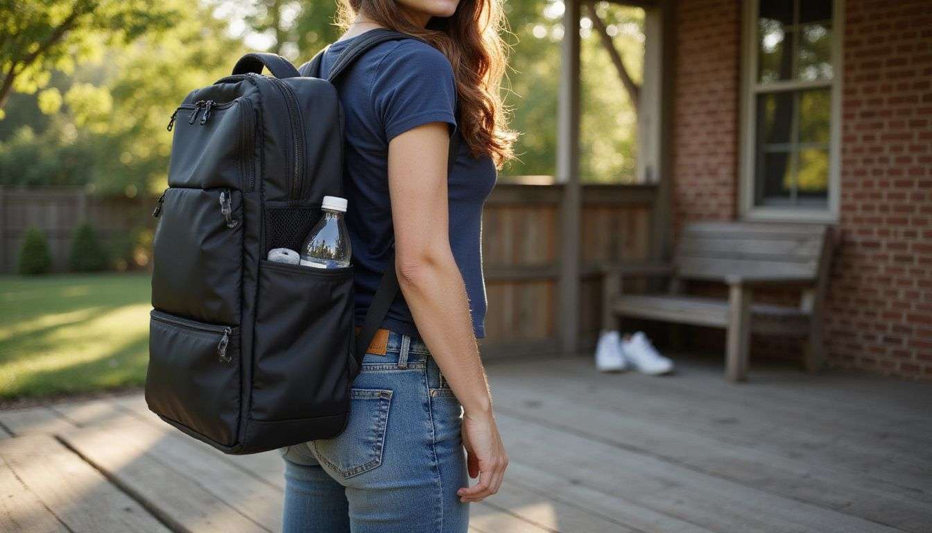 A woman casually holds a stylish pickleball bag on a deck.