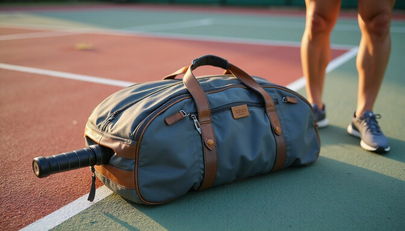 A stylish pickleball bag rests on a vibrant outdoor court. A stylish pickleball bag rests on a vibrant outdoor court.